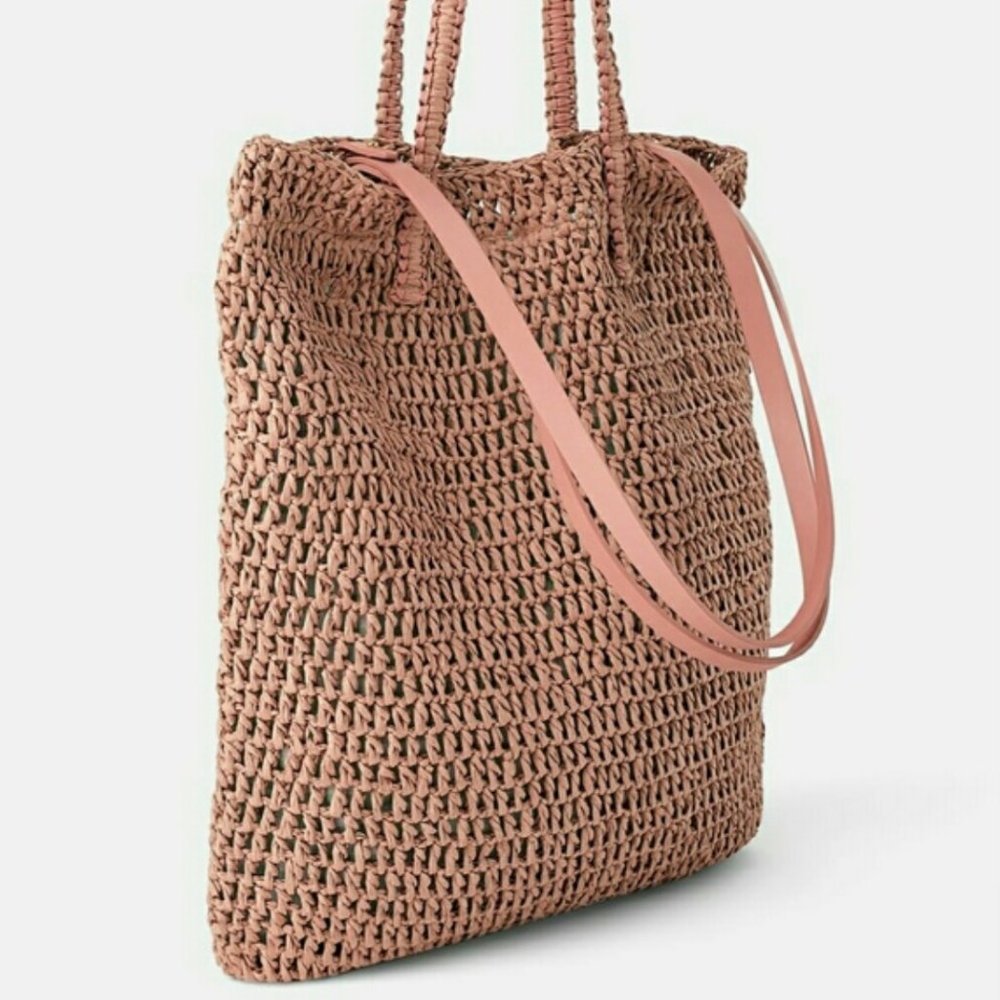 NWT Rare Zara Woven BRAID Paper Tote Summer Bag Pale Pink - Picture 6 of 13